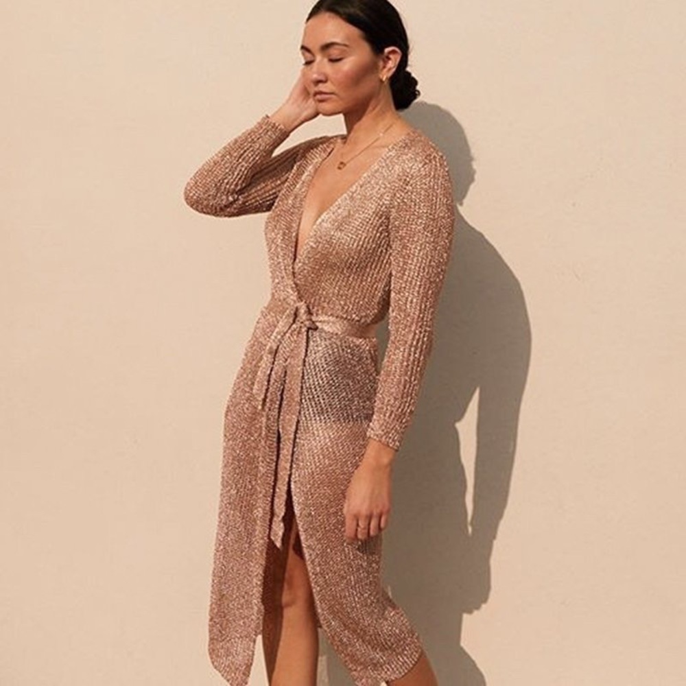 Rose Gold Metallic Knitted Wrap Dress